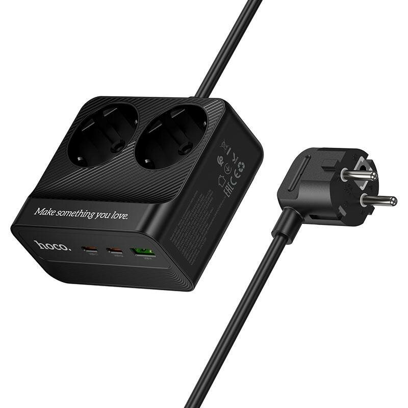 Сетевой фильтр HOCO AC27 Descanso, 2 розетки, PD 30W, 1×USB-A + 2×Type-C, 2500W, кабель 2 м, чёрный — фото 1
