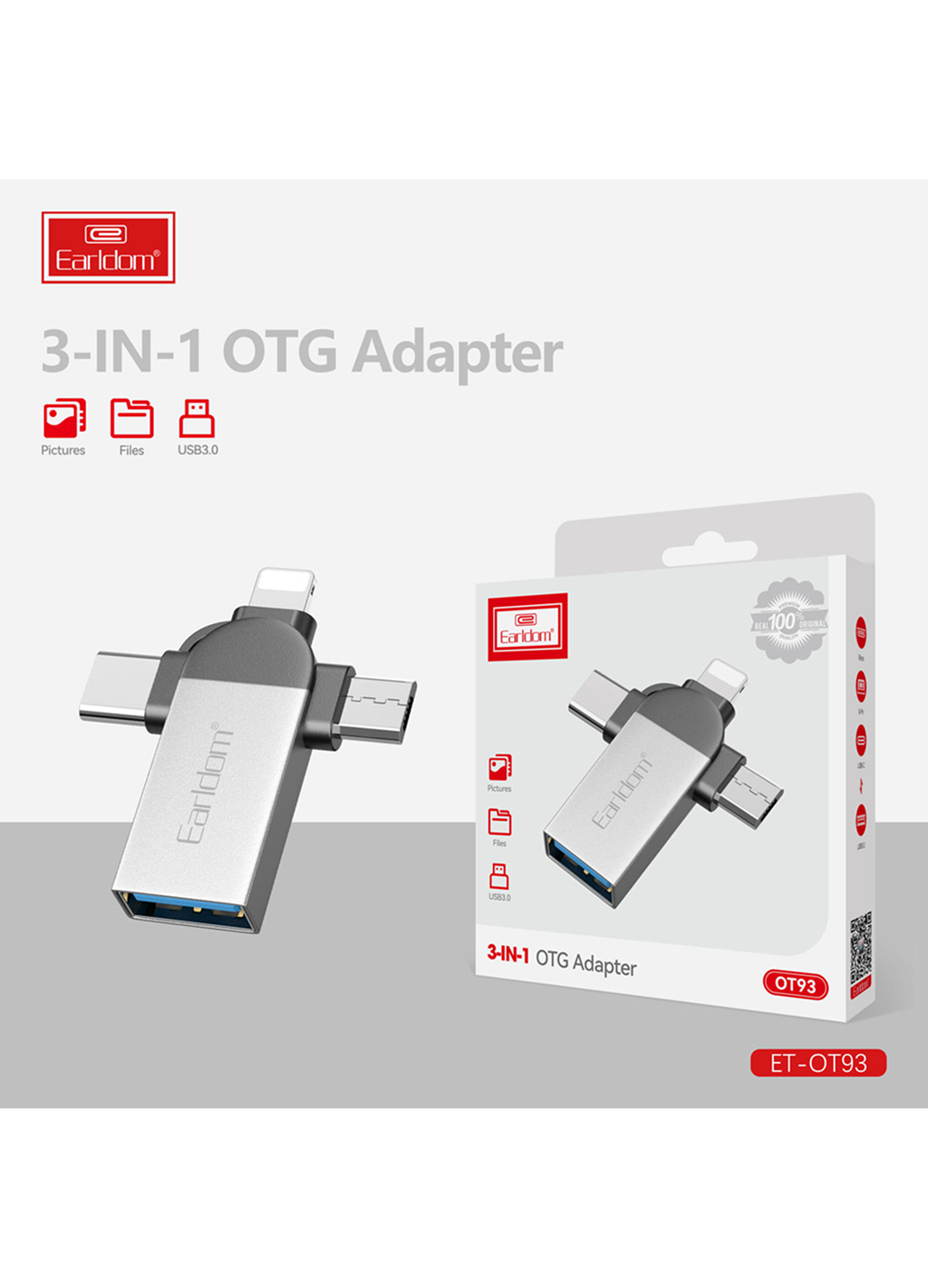 Адаптер Earldom OT93, 3 в 1, OTG, универсальный, для смартфонов и планшетов — фото 1
