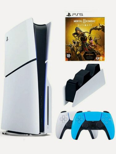 Изображение товара PS5 (ПС5) Игровая приставка Sony PlayStation 5 Slim disc + 2-й геймпад(голубой) + зарядное +игра Mortal Combat 11