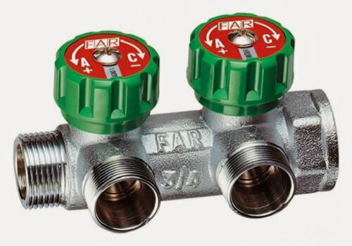 Изображение товара Коллектор Far 3/4" (ВР-НР) с 2 отв. 1/2" НР (межосев. 45 мм), плск. упл.