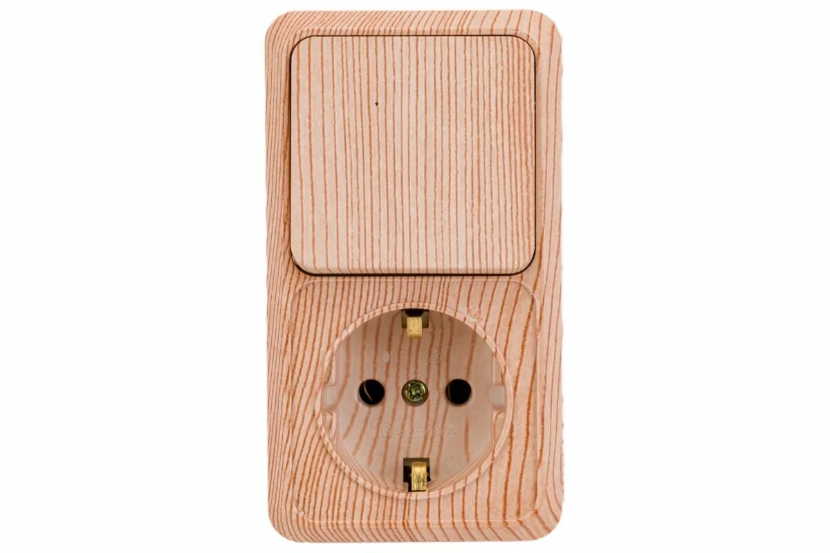 Блок розетка с выключателем вертикальный 10(16)А-250В, IP20, ОУ, сосна