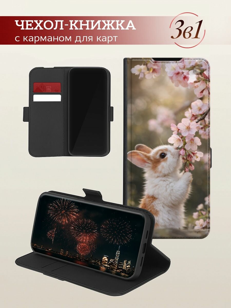 Чехол-книжка на Samsung Galaxy A17 / Самсунг А17 с принтом Зайчик с сакурой, черный — фото 1