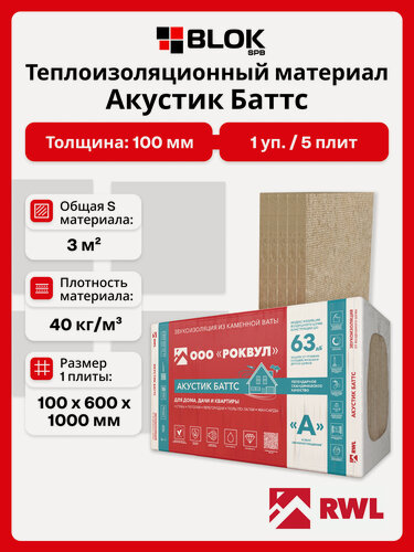 Изображение товара Rockwool Акустик Баттс 100мм (1 уп/ 5 плит/ 3 м2) Звукопоглощающие плиты из каменной ваты для пола , потолка, стен