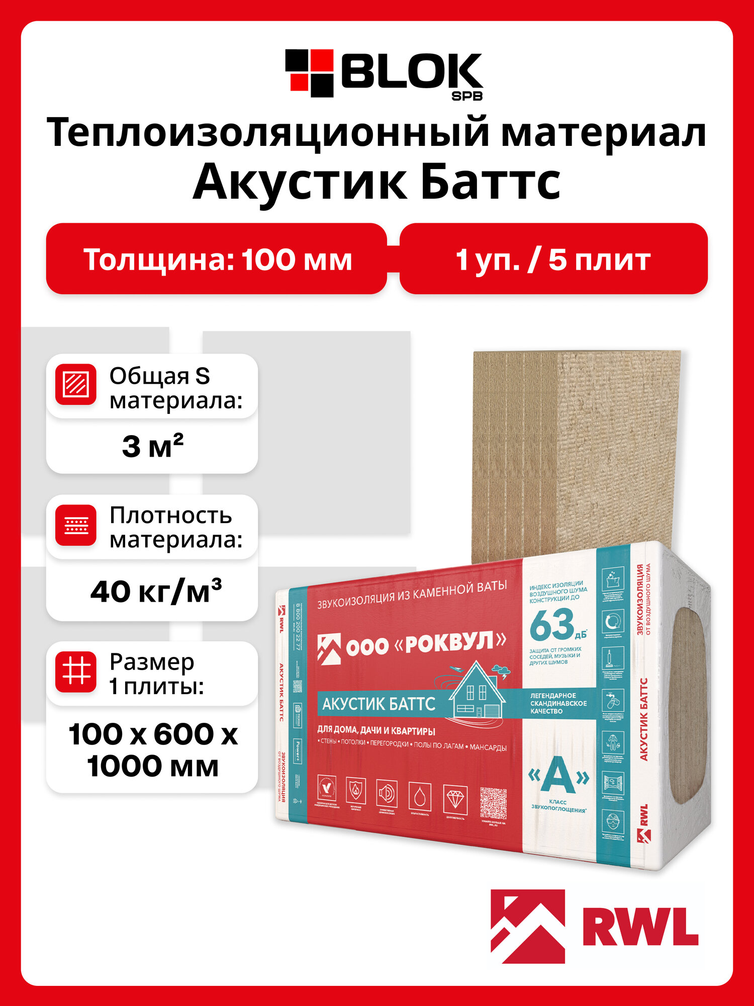 Rockwool Акустик Баттс 100мм (1 уп/ 5 плит/ 3 м2) Звукопоглощающие плиты из каменной ваты для пола , потолка, стен
