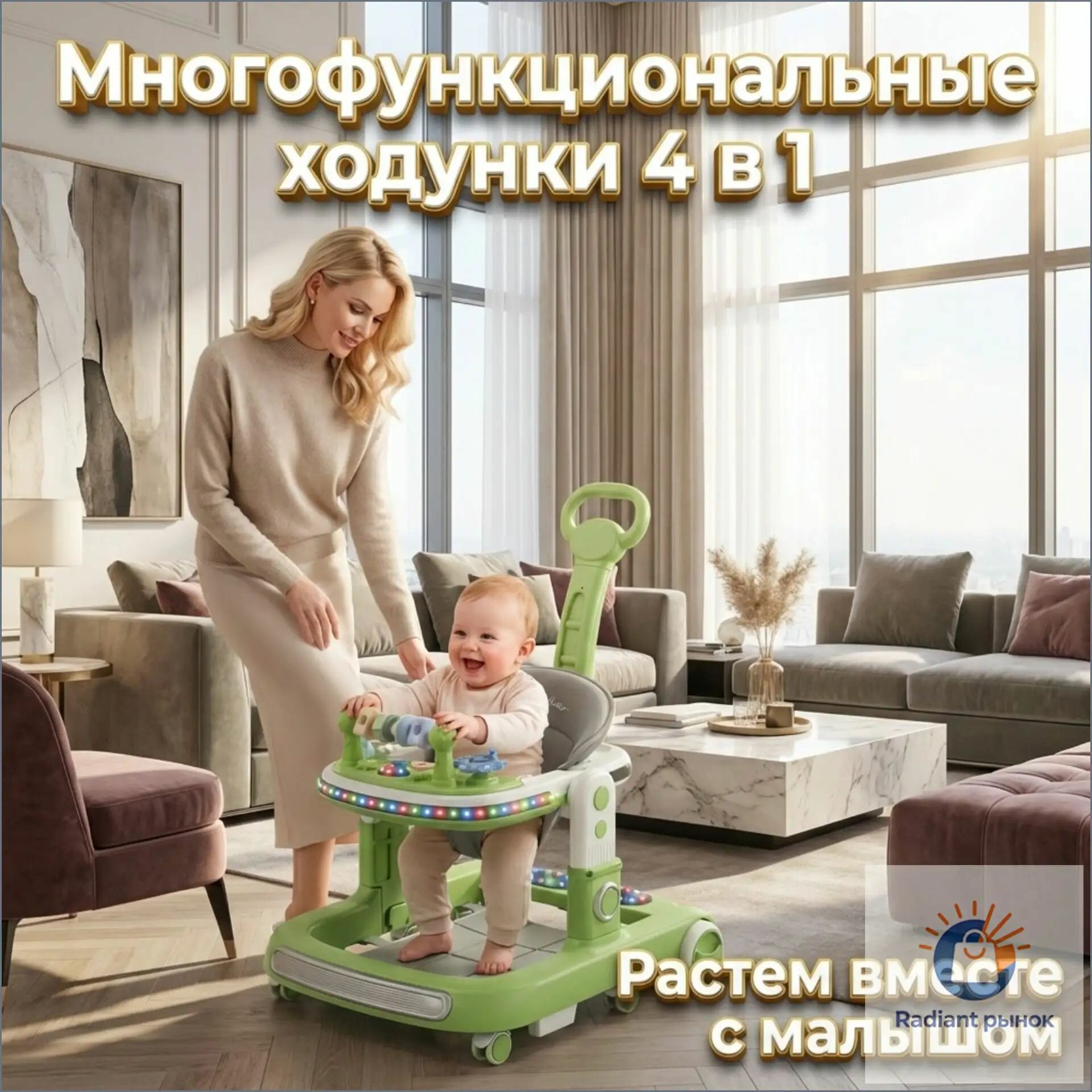 Многофункциональные детские ходунки и каталка с музыкальной панелью, складные, защита от О-образных ног и опрокидывания, стульчик для кормления с козырьком и стопором, бесшумные колеса.