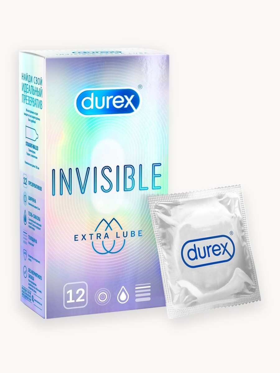 Презервативы Durex "Invisible Extra Lube", ультратонкие, силиконовая смазка, 12 штук