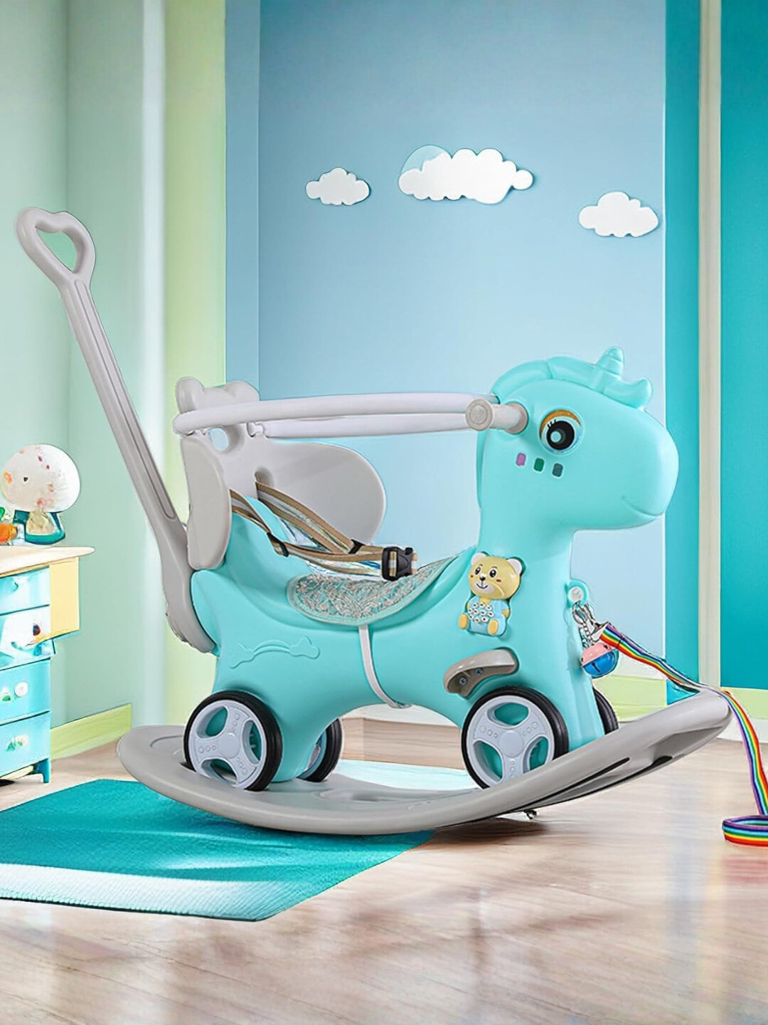 Детская каталка-качалка 2 в 1, толокар и качалка для малышей, детский транспорт, для дома - Голубой