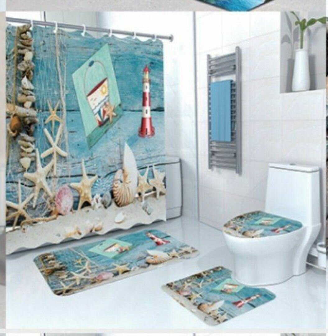 Набор для ванной "Морской бриз" – Водонепроницаемая штора и мягкие коврики (Комплект)
