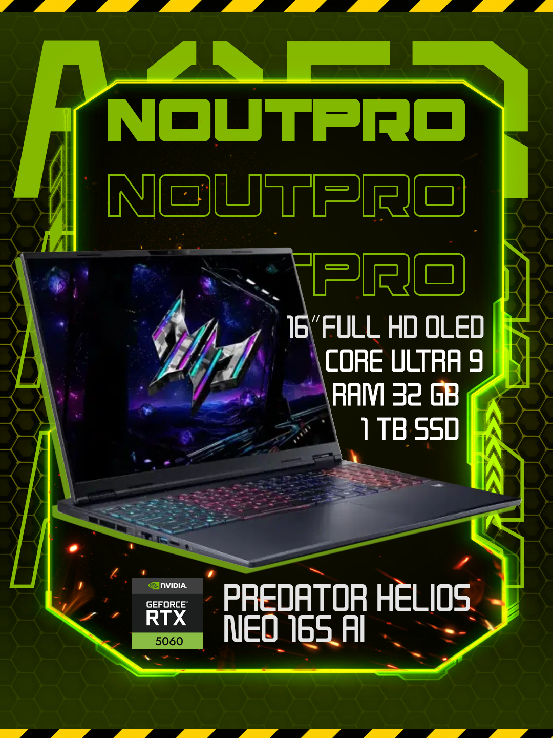 Ноутбук Acer Predator Helios Neo 16S AI, ULTRA9-275HX, DDR5 32GB, SSD 1TB, RTX 5060,16" WQXGA OLED 240Hz