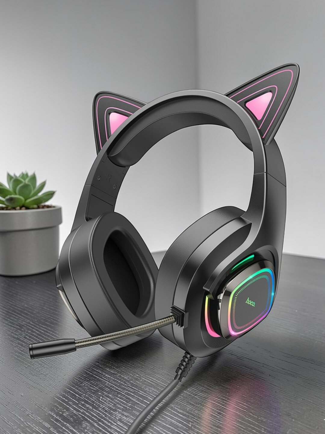 Игровая гарнитура HOCO Cute Cat W107, RGB-подсветка, накладные, микрофон