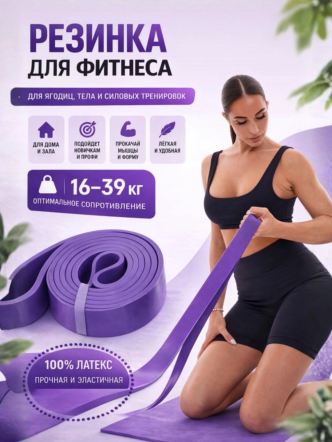 Фитнес-резинка фиолетовая, эспандер ленточный, для силовых тренировок, резиновые петли для подтягивания 16-39 кг