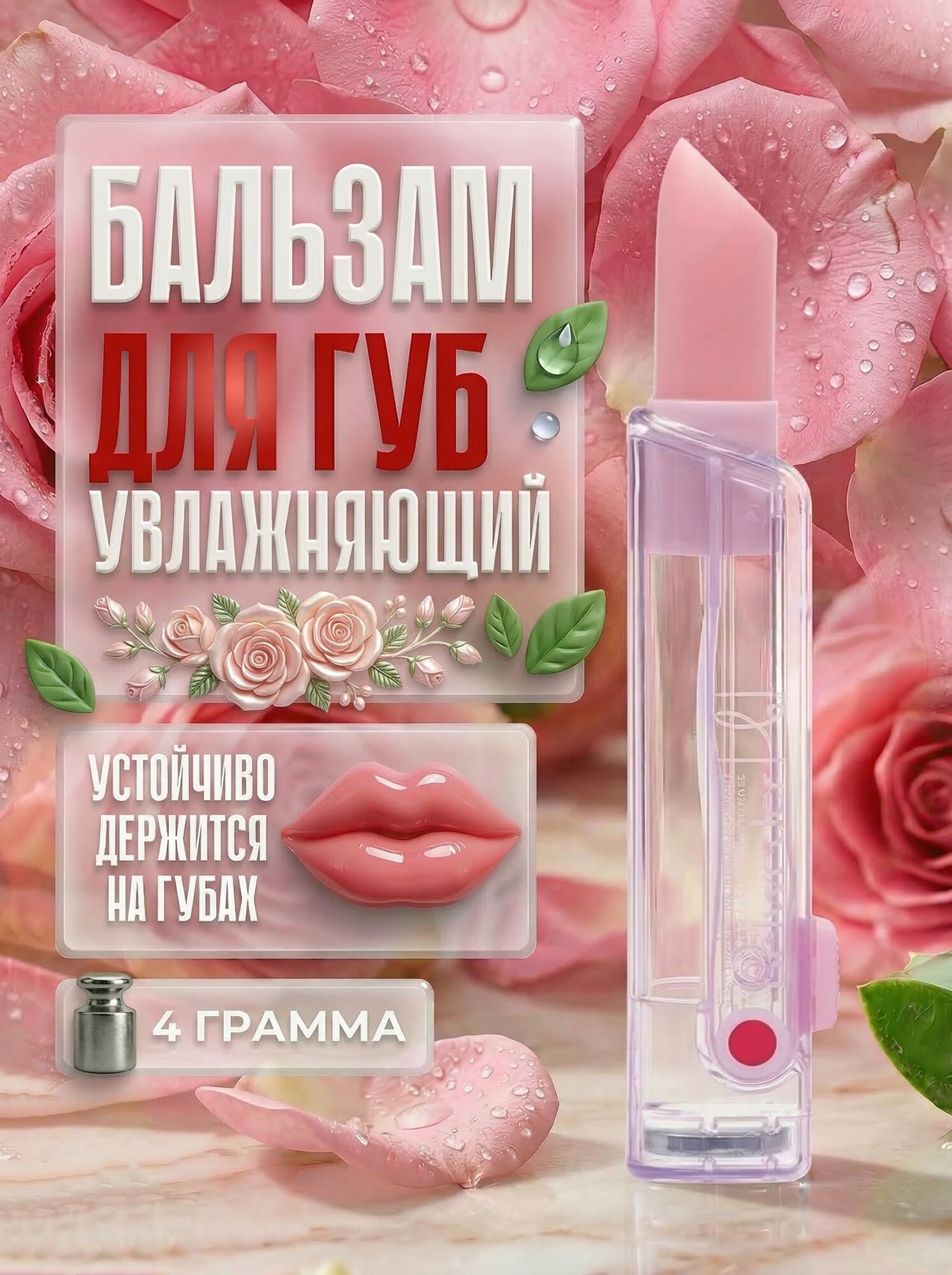 BELWEDER Бальзам для губ увлажняющий и разглаживающий с розовым маслом (цвет розовый), 1 шт