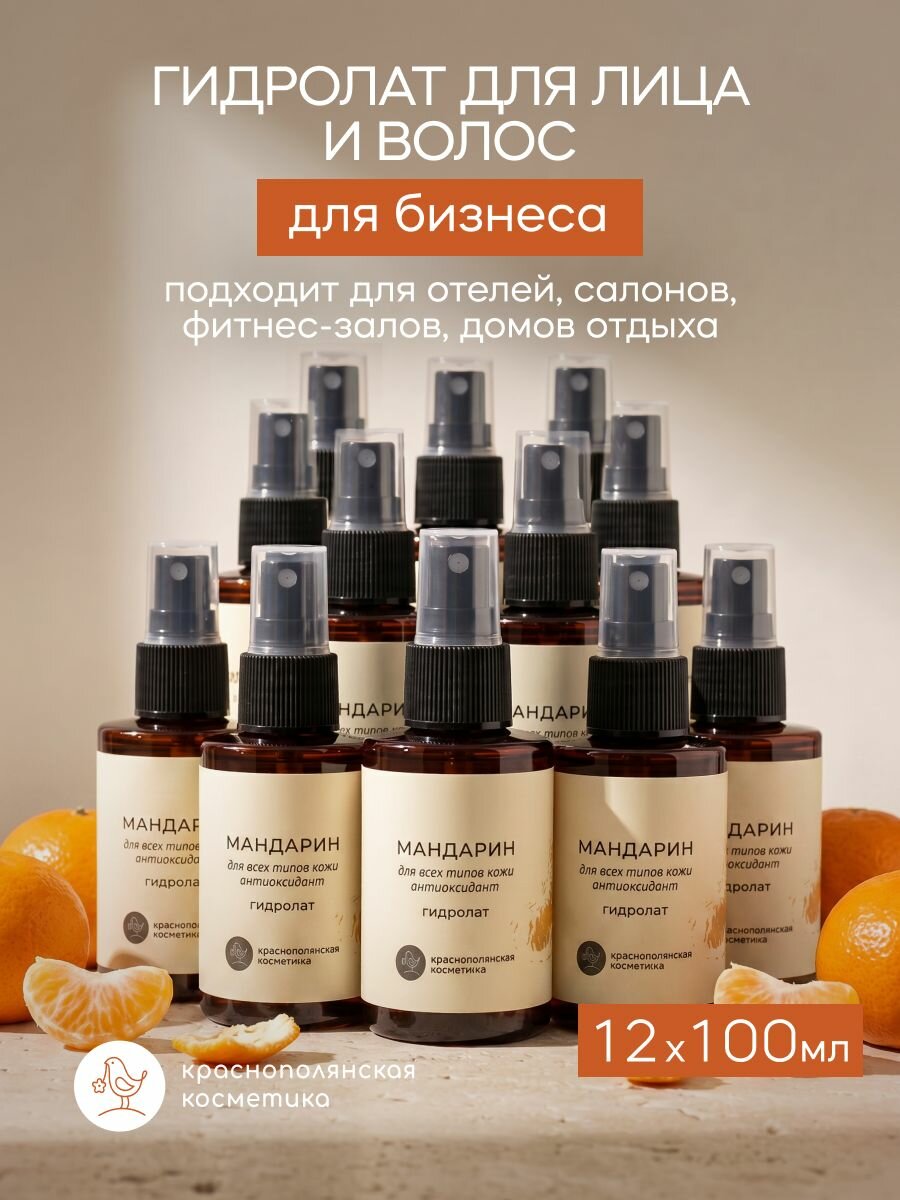 Краснополянская косметика Набор Спрей для тела, лица и волос, гидролат для лица и волос "Мандарин", для жирной и проблемной кожи, для бизнеса, 100 мл, 12 шт. HoReCa