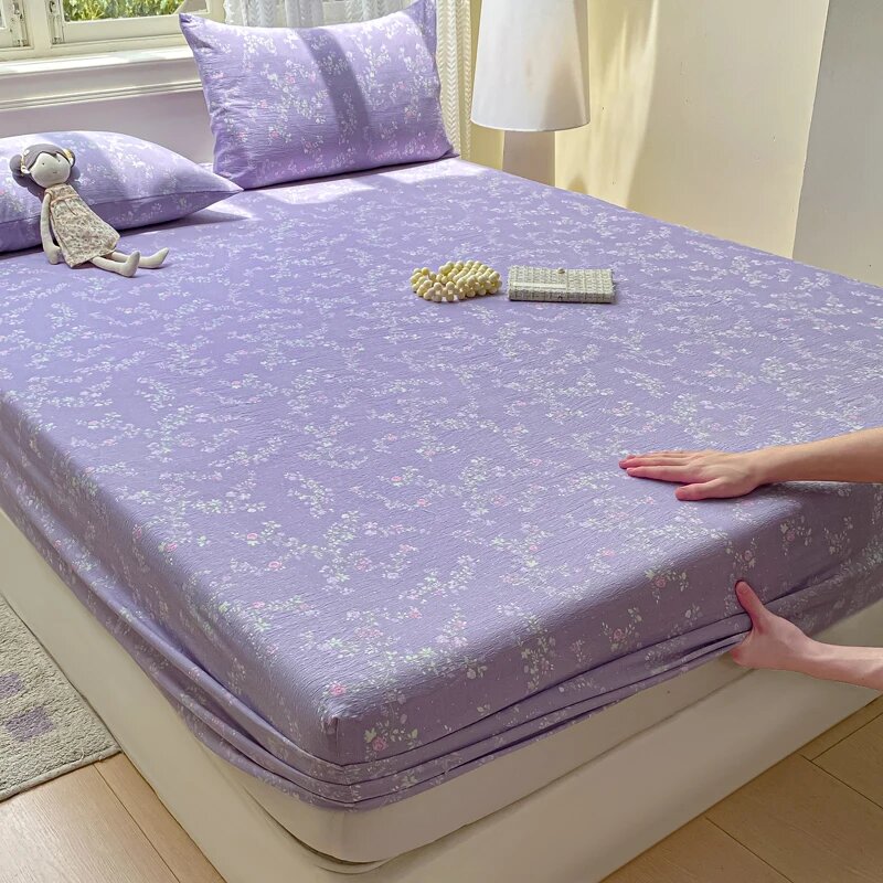 Простыня на резинке KDV из хлопка с цветочным принтом Фиолетовый, 180x200cm 3 pcs set, 10