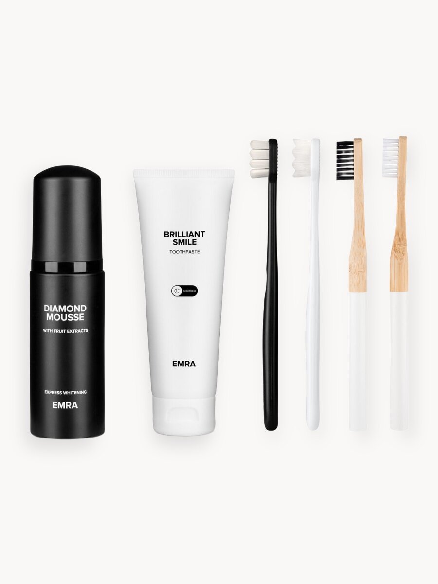 Набор для ухода за полостью рта "Все включено" от EMRA: отбеливающая зубная паста, пенка для зубов, 4 зубные щетки