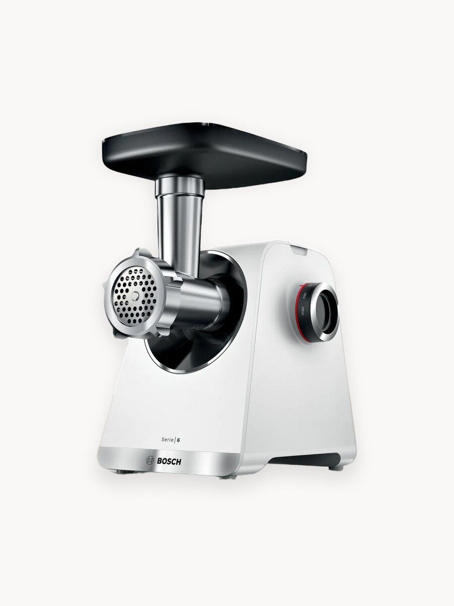 Bosch Мясорубка электрическая MFWS609W, Serie 6, 2100 Вт, 3,5 кг/мин, 4 насадки, планетарный редуктор, для колбас, белая