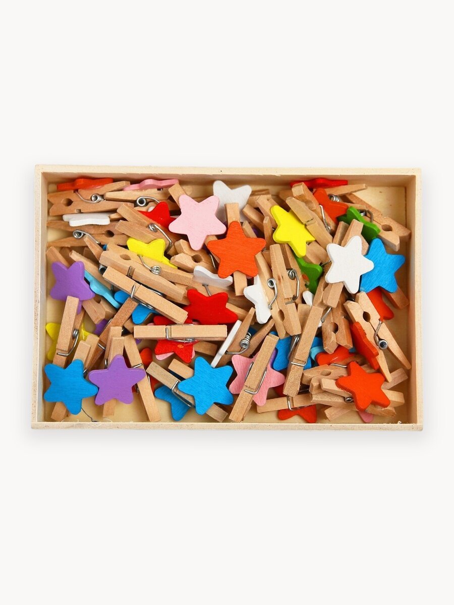 Набор прищепок в деревянной коробке "Звёздочки", набор 50 шт, цвет разноцветный, ЛАС играс