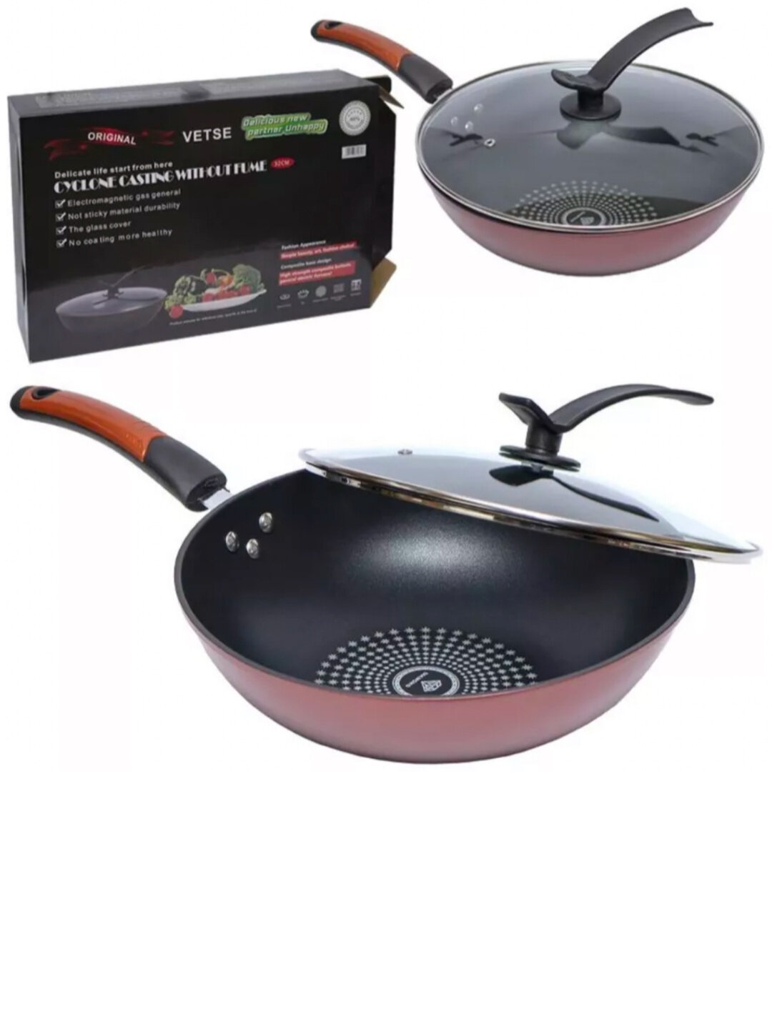 Сковорода VETSE – 32 см, с крышкой, прочная ручка.