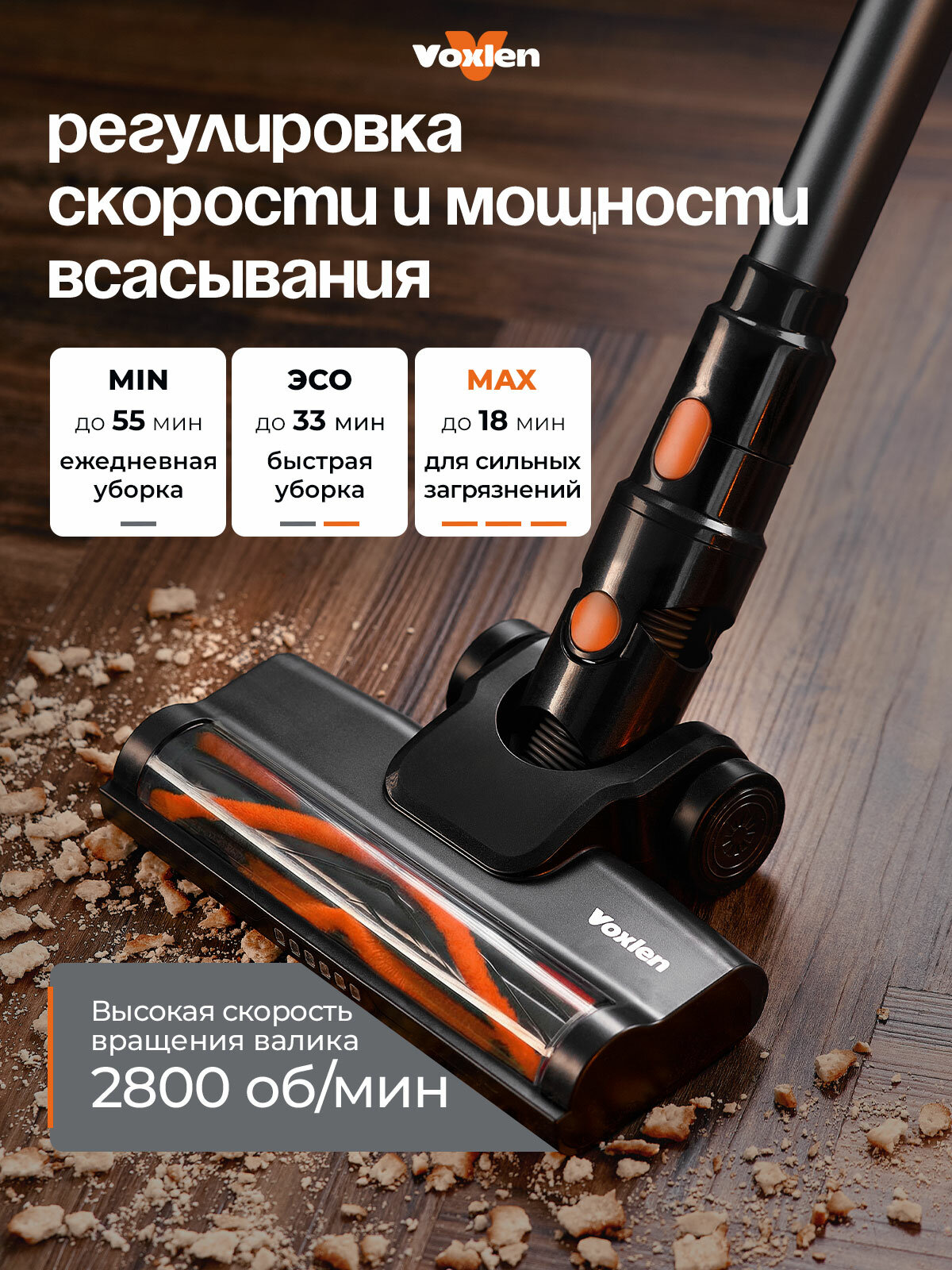 Пылесос вертикальный беспроводной 3 в 1 Voxlen для дома и офиса, 33000 Па — фото 1