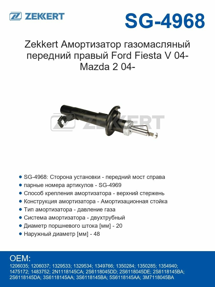 Zekkert Амортизатор газомасляный передний правый Ford Fiesta V 04- Mazda 2 04-
