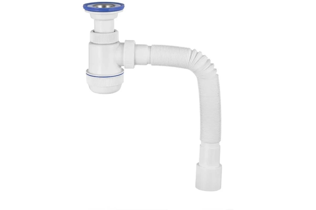Сифон мини элит для раковин 1'1/2 x 40/50 мм с нержавеющей чашкой 63 мм и с гофротрубой L800 мм, литой выпуск