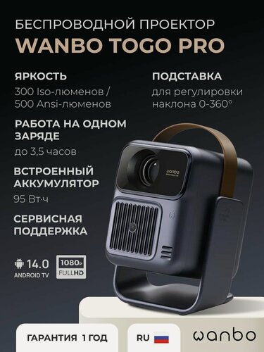Изображение товара Проектор Wanbo Projector ToGo Pro Android 14, 2G+32 Гб, 1080P, 500 ANSI, автофокус, синий