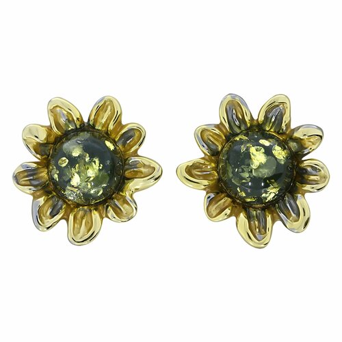фото Серьги diamant online, серебро, 925 проба, золочение, янтарь, длина 1.6 см, , зеленый