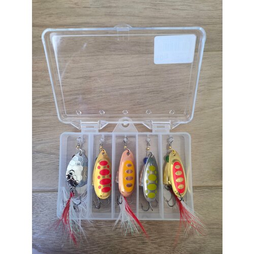 Набор блёсен-вертушек для рыбалки (5 шт, 10 грамм) – универсальные, на щуку, окуня, судака, форель, карпа + кейс