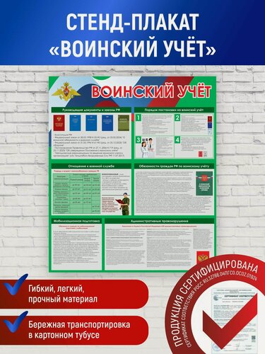 Изображение товара Плакат воинский учет, 60х70 см, c тематической информацией, пэт + печать