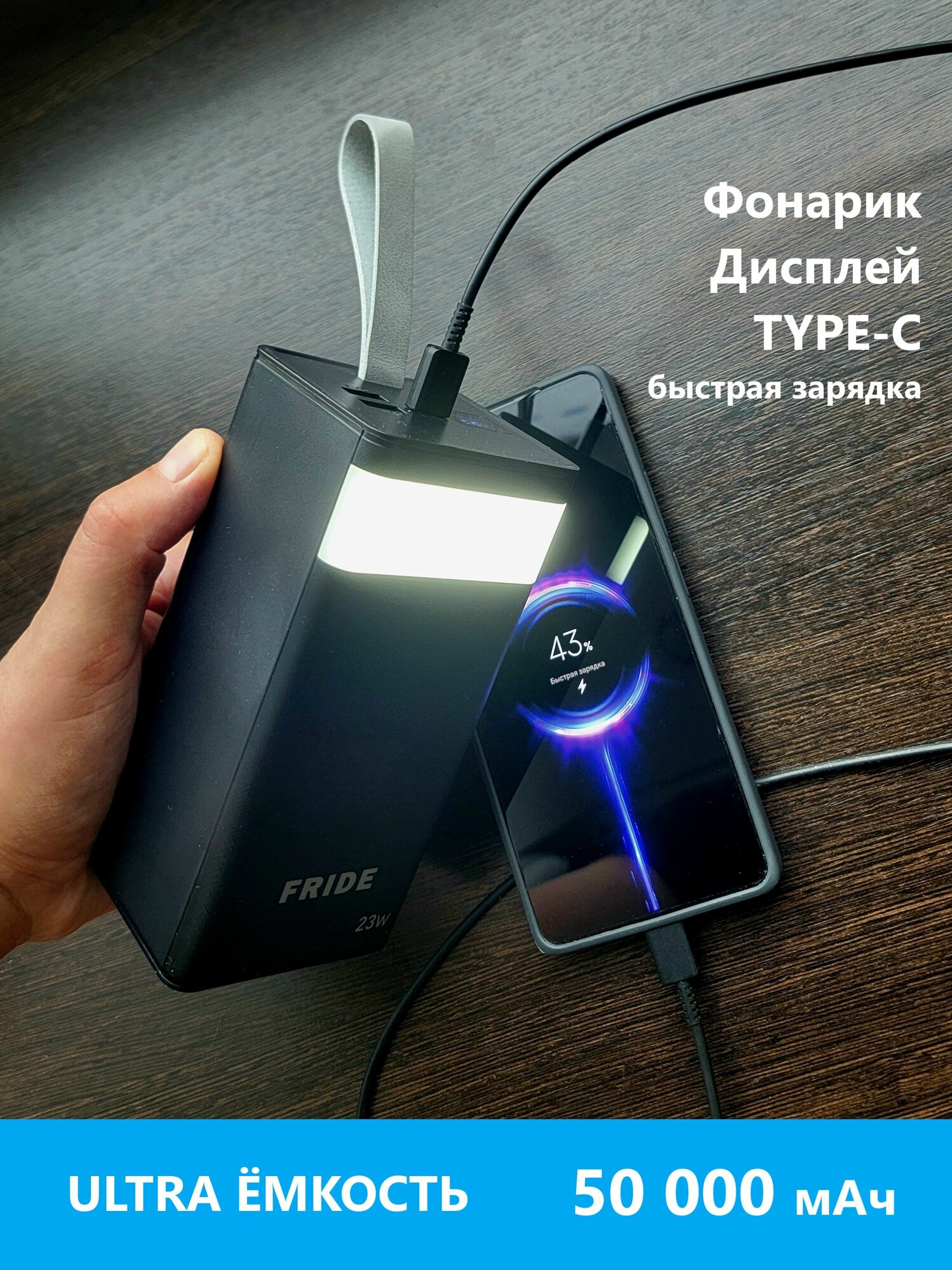 Внешний аккумулятор повербанк 50000mAh powerbank фонарик быстрая зарядка мощный