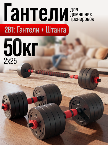Изображение товара Гантели Блин-да-Гриф 25кг, 2 гантели, общий вес 50кг, пластик, покрытие дисков ПВХ