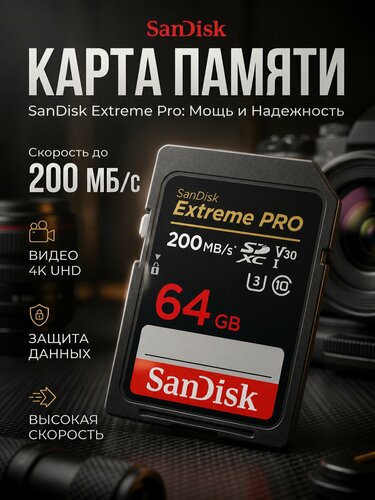Изображение товара Карта памяти SanDisk Extreme PRO SDXC 64 ГБ Class 10 UHS-II U3 V60 6K-Video (R/W 200/140 Mb/s)