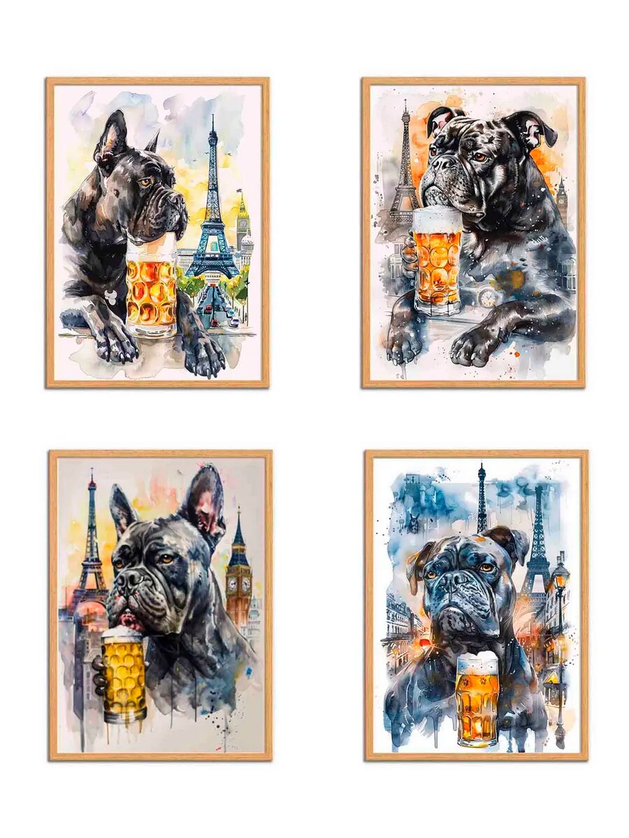 Кане Корсо Пьет Пиво, 4 Плаката, 30x21см