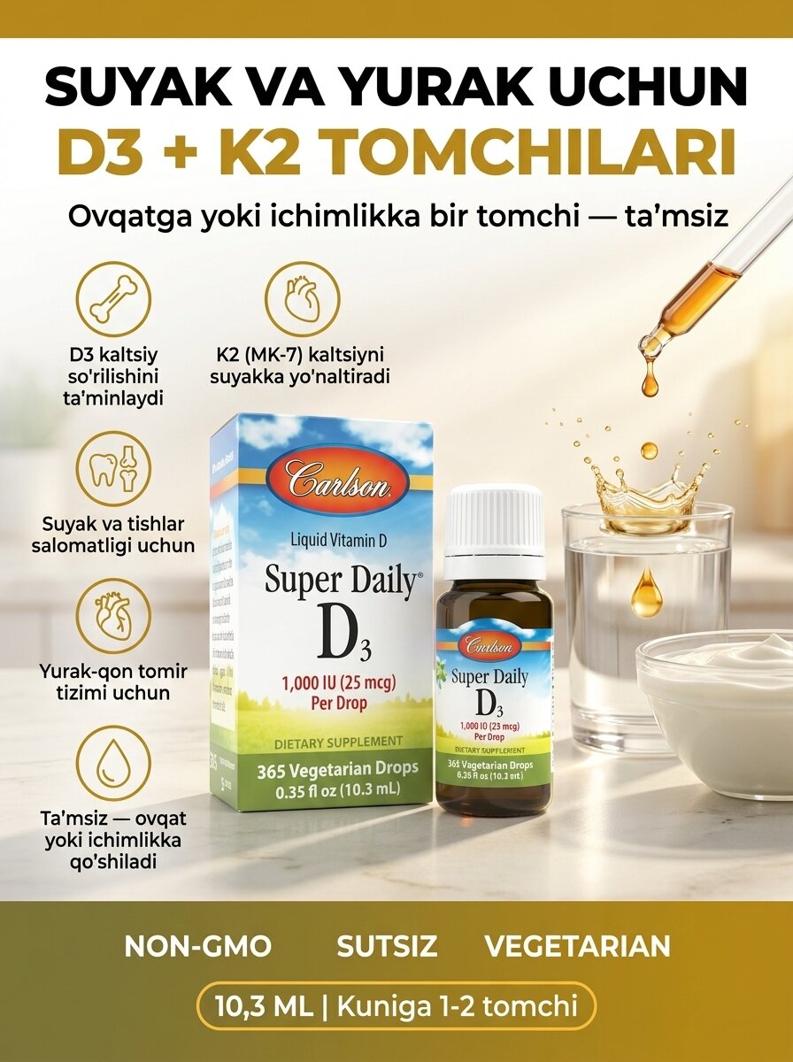 BAD Super Daily D3 K2 Carlson 10.3ml — sog'liq uchun tabiiy oziq-ovqat qo'shimchasi