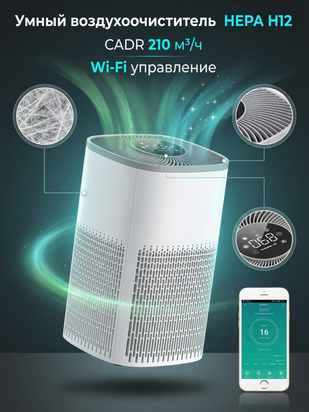 Очиститель воздуха "NovAir Smart HEPA", Wi-Fi управление, увлажнение, 210м³/ч
