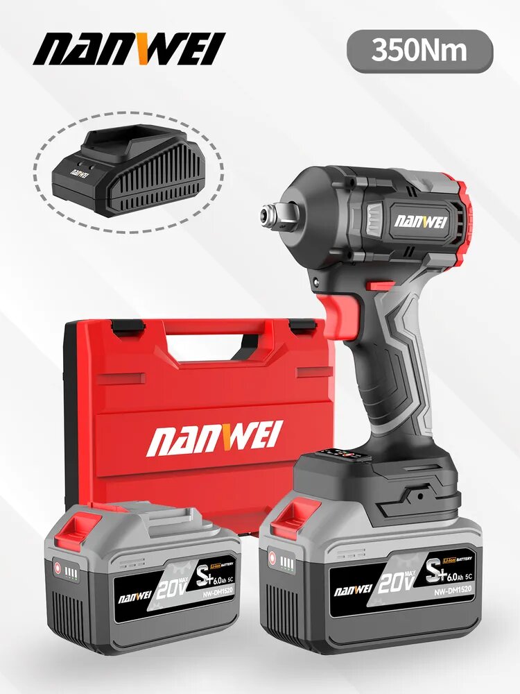 NANWEI W5350 Бесщеточный 350 Нм Электрический ударный гайковерт 2450 об/мин Диаметр патрона 12,7 мм(Аккумулятор 6,0 Ач x2)