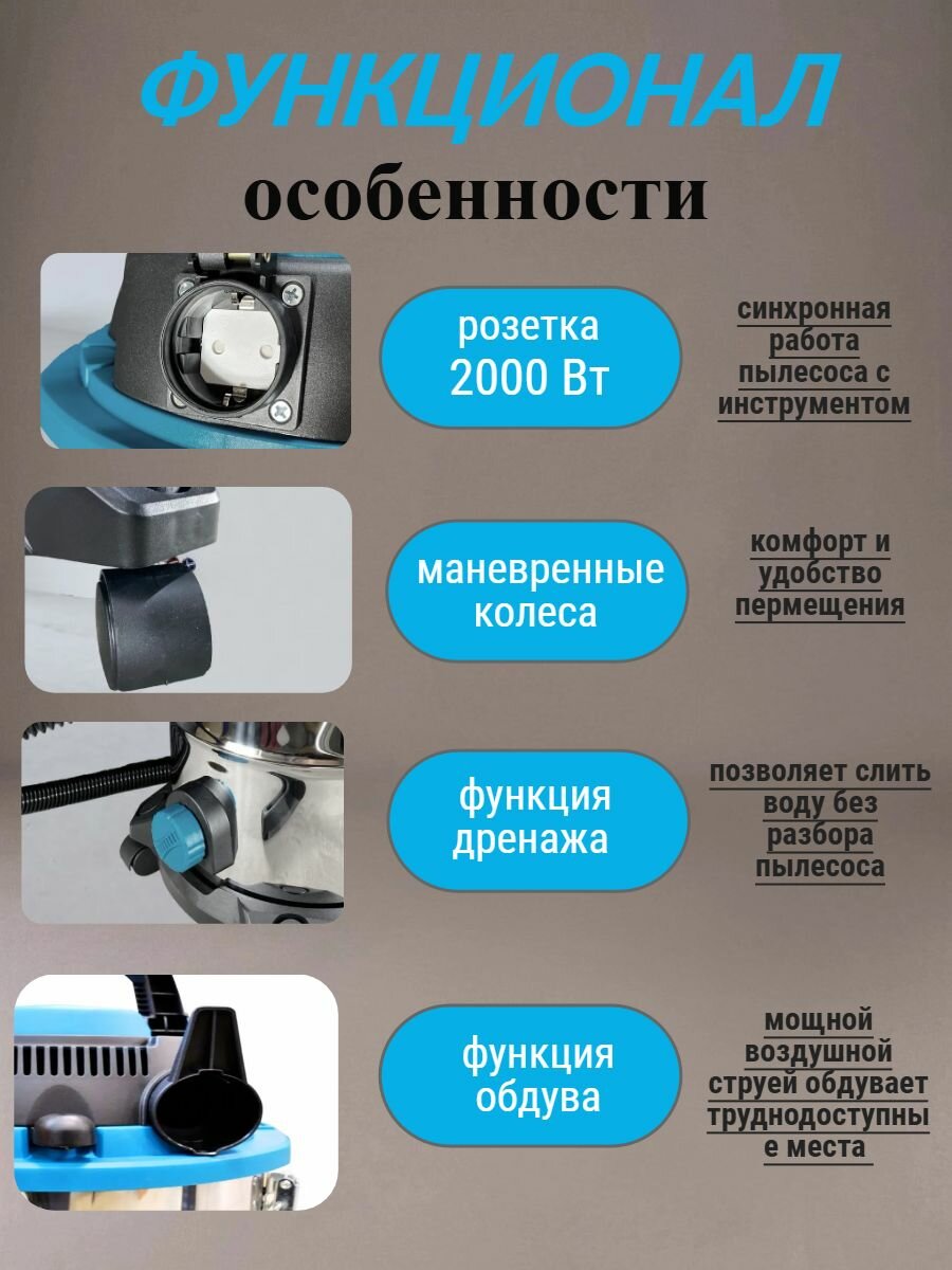 Пылесос строительный Zilard ZVC-30, мощность 1700 Вт, 30 л, с розеткой — фото 1