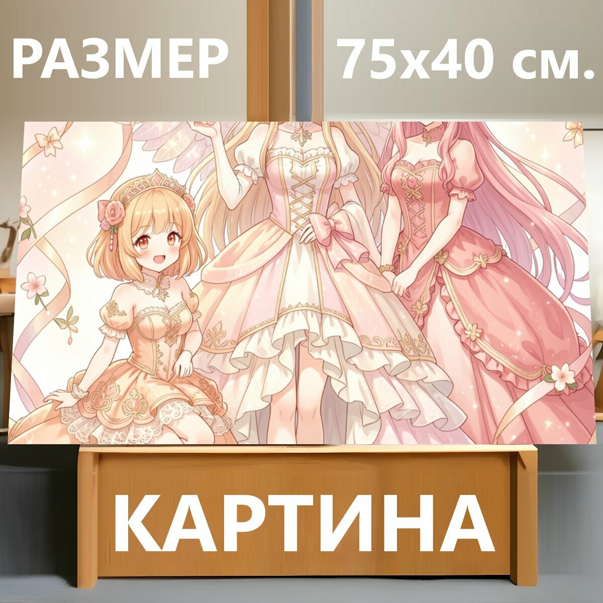 Картина на холсте "Три феи в розовых платьях. Нежная аниме-иллюстрация с тремя волшебными девушками в воздушных пастельных нарядах, с крыльями." на подрамнике 75х40 см. для интерьера