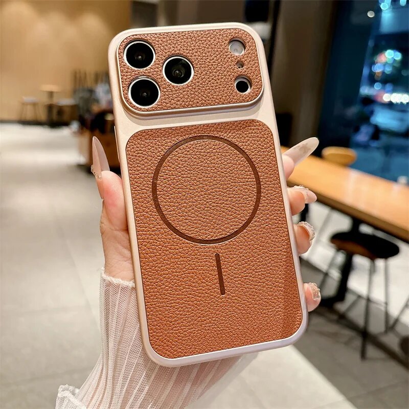 Магнитный чехол с узором «личи» для iPhone 18, 17 Air, 16, 15, 14, 13 Pro Max, совместимый с MagSafe, ударопрочный, с жесткой задней крышкой из поликарбоната.
