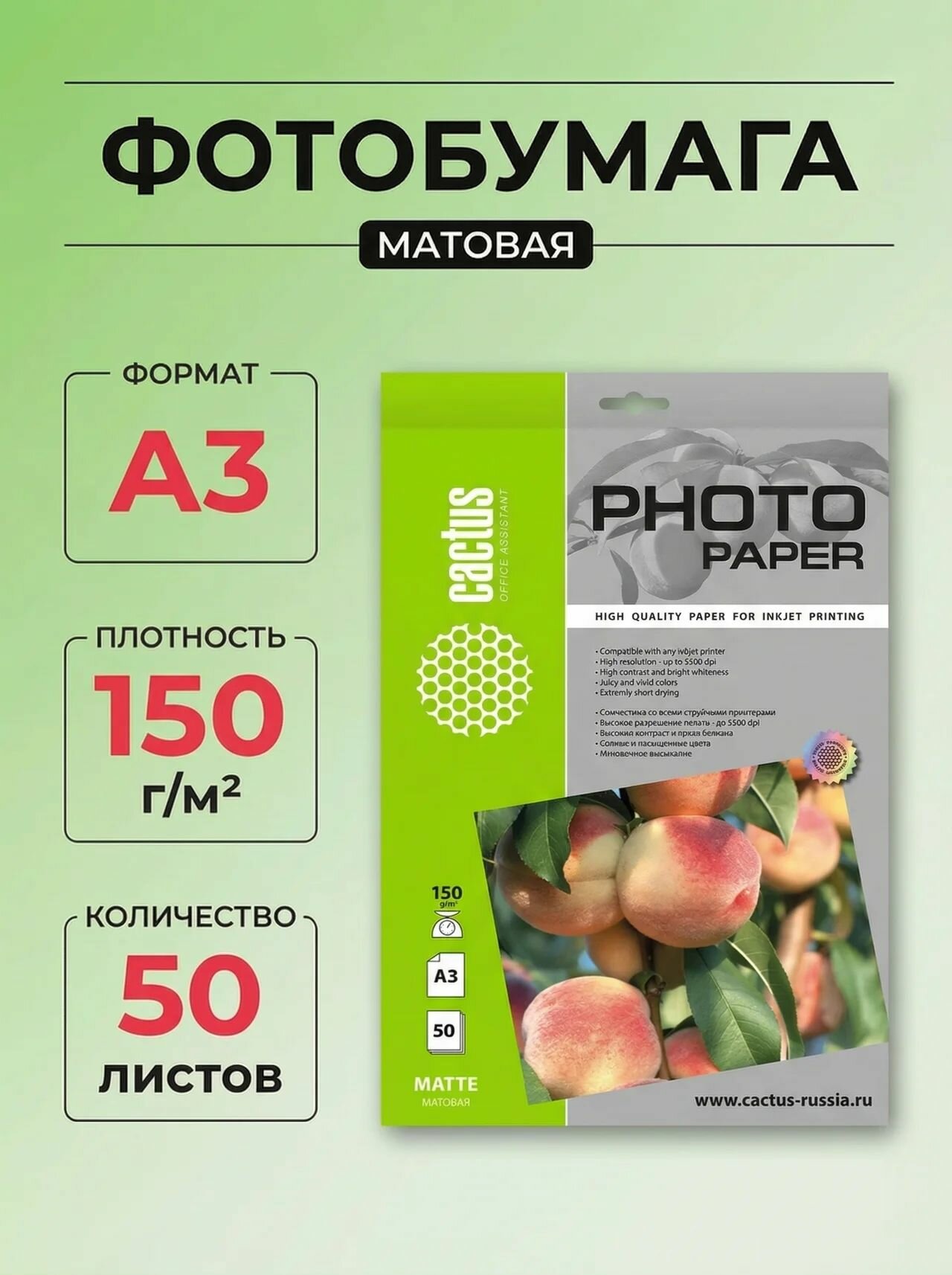 Фотобумага Cactus MA315050 A3 150г/м2 50л. белая матовая для струйной печати
