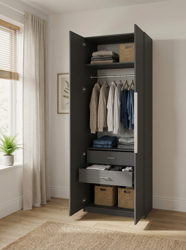 Изображение товара Шкаф двухстворчатый распашной Стич-24 с 2 ящиками, штангой для вешалок и длинной ручкой, ШхГхВ: 90х50х240 см, графит