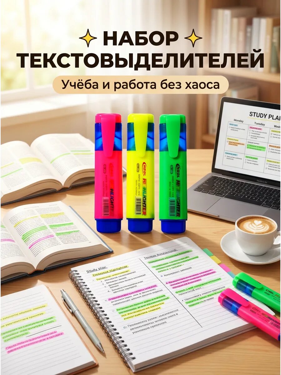 Маркеры текстовыделителей 3 цвета наконечник скошенный