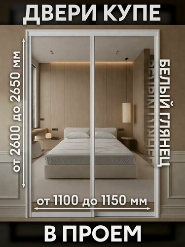 Изображение товара Раздвижные двери купе для гардеробной и шкафов купе с зеркалом в проем 2650х1150мм. Комплект 2шт.