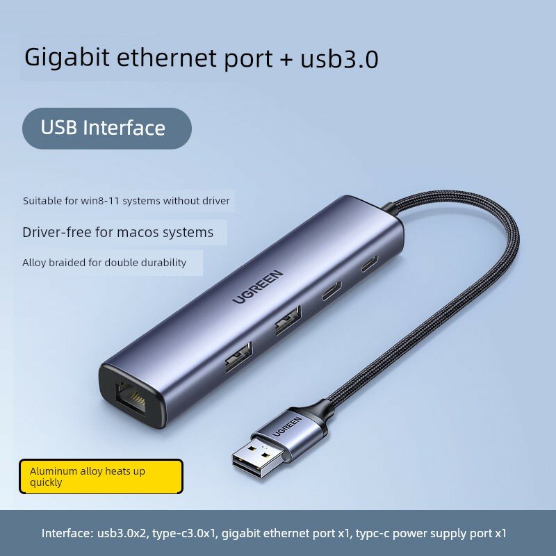 USB в сетевой адаптер гигабитный, 2 порта USB 3.0, 1 порт Type-C 3.0, плетеный кабель для Mac
