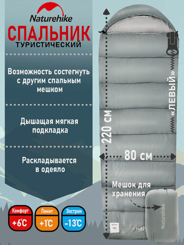 Изображение товара Спальный туристический мешок Naturehike M300 с капюшоном, молния слева, серый