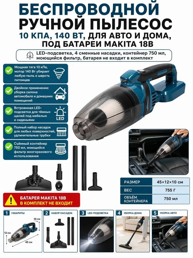 Автомобильный пылесос беспроводной мощный для дома и машины, 10Kpa, подходит для аккумулятора Makita (без аккумулятора)