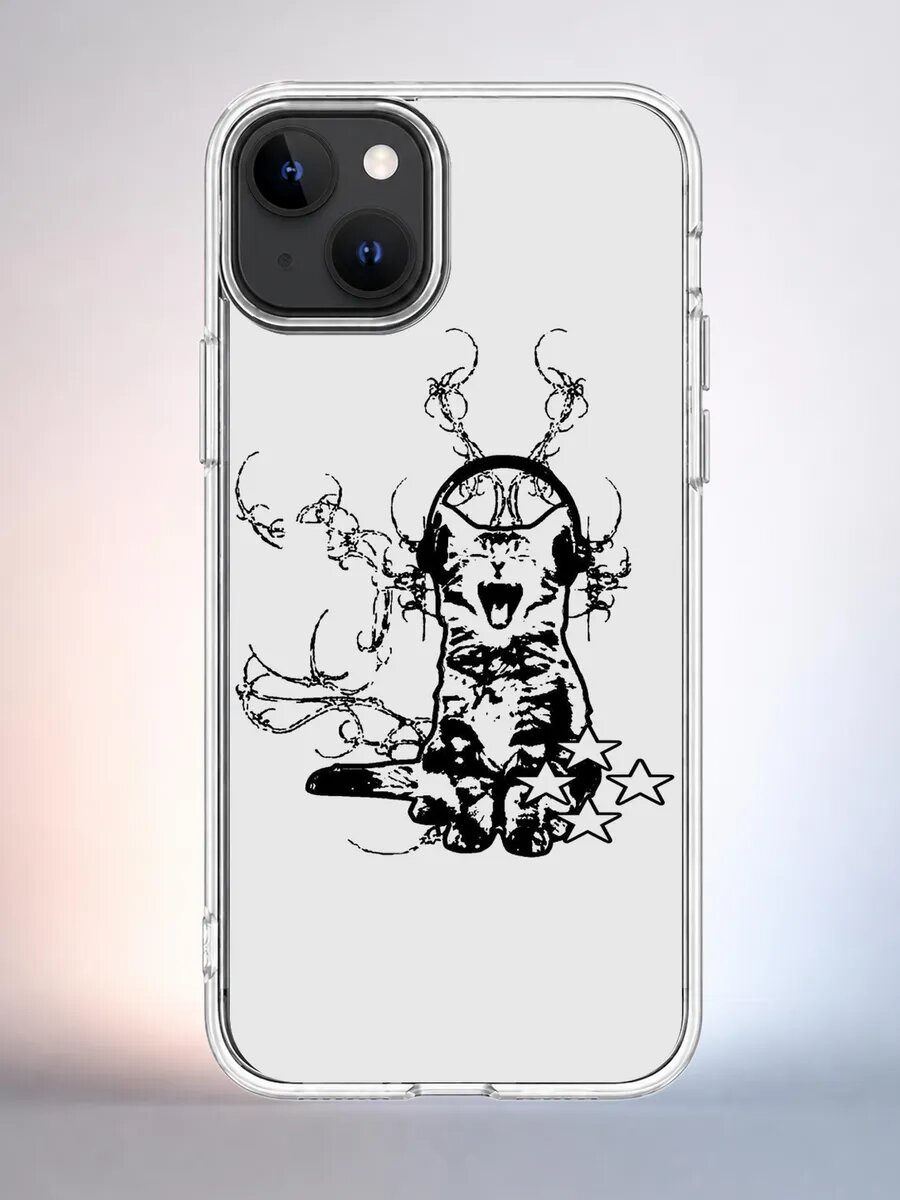 Чехол iPhone 14 кот в наушниках силиконовый прозрачный