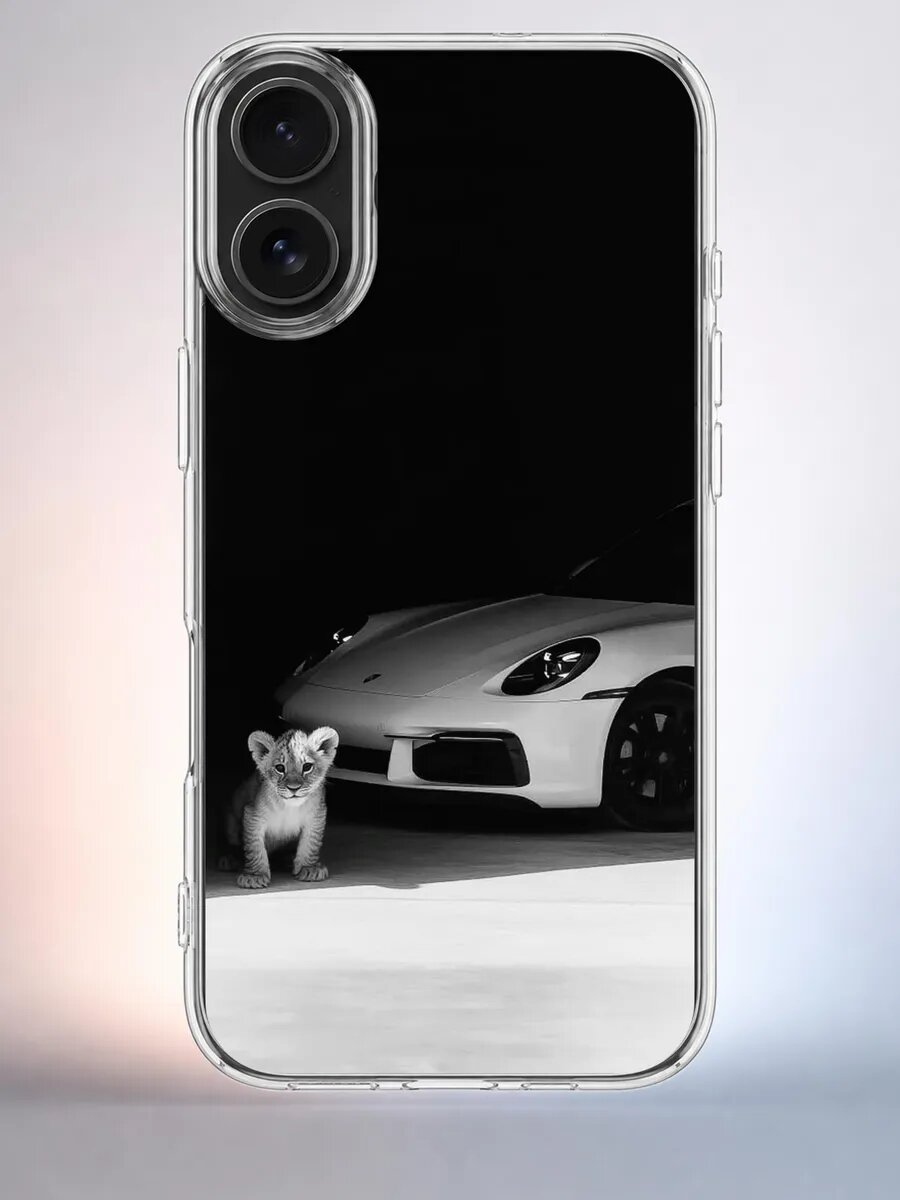 Чехол iPhone 16 львёнок и порше силиконовый прозрачный