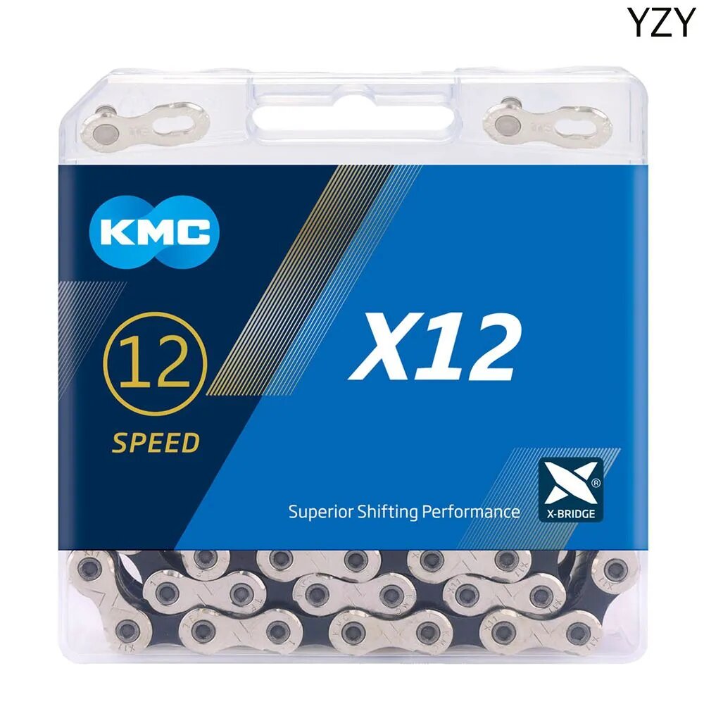 KMC X12 126L, серебристо-черная велосипедная цепь, с замком, в коробке