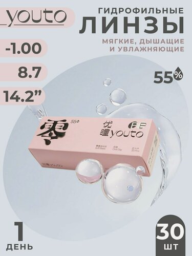 Изображение товара Линзы контактные однодневные YOUTO,30 штук,-1, гидрогелевые